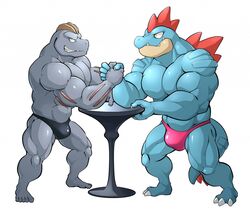  abs anthro arm_wrestling biceps blue_body bulge clothing duo feraligatr furniture generation_1_pokemon generation_2_pokemon glistening grey_body grey_skin machoke maldu male muscular muscular_anthro muscular_male nintendo pecs pokemon pokemon_(species) smile speedo swimwear table 