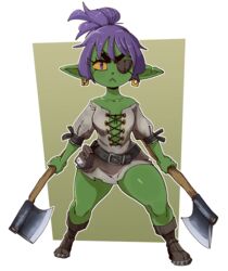  2022 absurd_res axe breasts dual_wielding ear_piercing ear_ring eye_patch eyewear female goblin green_body green_skin hair hi_res holding_axe holding_object holding_weapon humanoid not_furry nuclearwasabi piercing purple_hair ring_piercing small_breasts solo weapon 