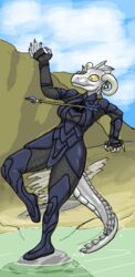  anthro argonian armor arrow_(weapon) bethesda_game_studios breasts clothed clothing dances_with_daedra female hi_res horn leather lewdguy lizard microsoft non-mammal_breasts ranged_weapon reptile scalie skyrim solo startled stumbling the_elder_scrolls weapon 