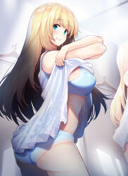  alternate_costume alternate_eye_color amami_amayu ass atago_(kancolle) back blonde_hair blue_bra blue_eyes blue_panties blush bra breasts cowboy_shot dress female full-length_mirror hair_between_eyes indoors kantai_collection large_breasts long_dress long_hair looking_at_viewer mirror navel panties reflection rope smile solo stomach underwear undressing wardrobe white_dress 