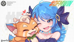  1boy :d ahoge animal_ear_fluff artist_name black_bow black_dress black_sleeves blue_hair bow breasts cleavage collarbone detached_sleeves dress fangs female gnar_(league_of_legends) green_eyes gwen_(league_of_legends) hairbow heart highres holding_person league_of_legends long_hair momikodayo one_eye_closed open_mouth puffy_short_sleeves puffy_sleeves short_sleeves skull_on_head small_breasts smile strapless strapless_dress teeth tongue upper_teeth_only yordle 