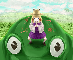  animal blonde_hair blue_eyes blue_sky brown_footwear closed_mouth cloud commentary_request cookie_(touhou) day female frog full_body haiperion_buzan hair_ribbon hat kaibara_elena_(cookie) kneehighs long_sleeves looking_at_viewer medium_hair moriya_suwako mountain naruto naruto_(series) open_mouth outdoors oversized_animal own_hands_together palms_together parody pleated_skirt purple_skirt purple_vest red_ribbon ribbon sennin_mode shirt shoes skirt skirt_set sky socks solo standing touhou turtleneck vest white_shirt white_socks wide_sleeves yellow_hat 