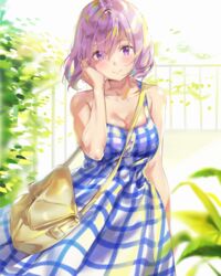  bag bare_arms bare_shoulders blue_dress blush breasts cherim cleavage closed_mouth collarbone commentary_request dress fate/grand_order fate_(series) female hair_between_eyes hand_up highres large_breasts long_dress looking_at_viewer mash_kyrielight mash_kyrielight_(senpai_killer_outfit) official_alternate_costume plaid plant purple_eyes purple_hair short_hair shoulder_bag sleeveless sleeveless_dress smile solo sunlight 