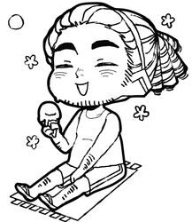  1boy arm_hair axis_powers_hetalia bara chibi chibi_only cuba_(hetalia) dreadlocks facial_hair flip-flops food greyscale happy ice_cream leg_hair male_focus marizayo monochrome sandals simple_background solo stubble thick_eyebrows 