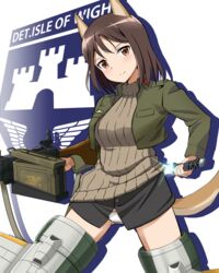  ammunition_box animal_ears black_shirt brown_eyes brown_hair brown_sweater closed_mouth commentary_request cropped_jacket crotch_seam diffraction_spikes dog_ears dog_girl dog_tail drawing_sword emblem female floating green_jacket gun head_tilt highres holding holding_gun holding_sword holding_weapon isle_of_wight_detachment_group_(emblem) jacket kadomaru_misa kaneko_(novram58) long_sleeves looking_at_viewer medium_hair no_pants panties partial_commentary ribbed_sweater sheath shirt silhouette smile solo strike_witches:_katayoku_no_majo-tachi striker_unit sweater sword tail turtleneck turtleneck_sweater underwear unsheathing weapon white_panties world_witches_series 