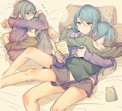  ... 2girls aqua_hair bang_dream! bed_sheet black_shorts book closed_eyes commentary_request cuddling feline green_eyes green_shirt hikawa_hina hikawa_sayo holding holding_book hood hood_down hoodie hug incest jewelry long_hair long_sleeves lying lying_on_person mikan-uji multiple_girls multiple_views necklace on_back on_side pillow pinky_ring purple_shirt reading shirt short_shorts shorts siblings sisters spoken_ellipsis translation_request twincest twins yuri 