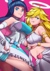  2girls :q absurdres bare_shoulders blonde_hair blue_eyes blue_hair blunt_bangs breasts bridal_gauntlets cete_(controllingtime) choker colored_inner_hair crop_top dress frilled_choker frills grin highres holding holding_clothes holding_panties holding_underwear medium_breasts midriff multicolored_hair multiple_girls panties panty_&amp;_stocking_with_garterbelt panty_(psg) pink_background pink_hair siblings simple_background sisters sleeveless sleeveless_dress smile stocking_(psg) swept_bangs teeth tongue tongue_out two-tone_hair underwear white_choker white_panties yellow_choker 