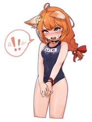  ! anger_vein animal_ears antenna_hair bad_id bad_pixiv_id bell blue_eyes blue_one-piece_swimsuit blush braid braided_ponytail breasts character_name choker covered_navel cropped_legs eight-tailed_fox_nari embarrassed female guardian_tales hair_ornament hair_ribbon jingle_bell korean_commentary korean_text long_hair one-piece_swimsuit open_mouth orange_hair own_hands_together ribbon sangobob school_swimsuit shiny_skin simple_background single_braid small_breasts solo spoken_anger_vein spoken_blush spoken_exclamation_mark sweat swimsuit teeth white_background wristband 