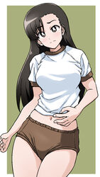  asymmetrical_bangs black_eyes black_hair blush border bright_pupils brown_background brown_buruma buruma closed_mouth clothes_lift commentary cowboy_shot female frown girls_und_panzer gym_shirt gym_uniform highres lifting_own_clothes long_hair looking_at_viewer midriff navel navel_focus nishi_kinuyo outside_border ponzu_rui shirt shirt_lift short_sleeves simple_background solo standing straight_hair white_border white_pupils white_shirt 