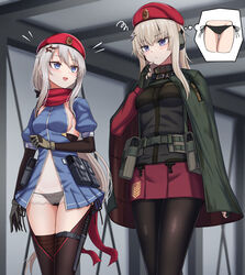  2girls 9a-91_(girls&#039;_frontline) absurdres ak74m_(girls&#039;_frontline) beret black_legwear black_panties blonde_hair blue_dress blue_eyes breasts brown_gloves camouflage_cloak commentary_request dress ear_protection front_slit girls&#039;_frontline gloves grey_hair hair_ornament hat highres indoors long_hair low_twintails medium_breasts multiple_girls open_mouth panties pantyhose red_headwear red_scarf red_skirt scarf see-through short_dress showgirl_skirt side-tie_panties sideboob skirt smile snowflake_hair_ornament star_(symbol) star_hair_ornament thighhighs thought_bubble twintails underwear yakob_labo 