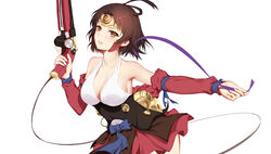  bare_shoulders blush breasts brown_eyes brown_hair choker cleavage corset female gun hair_ribbon handgun headgear highres holding holding_weapon japanese_clothes kimono kimono_skirt koutetsujou_no_kabaneri large_breasts looking_at_viewer mumei_(kabaneri) parted_lips photoshop_(medium) ribbon ribbon_choker short_hair shrug_(clothing) simple_background skirt solo underbust weapon white_background yijian_ma 