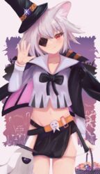  :q animal_ear_fluff animal_ears arknights bad_id bad_pixiv_id basket black_headwear black_jacket black_skirt border chrocatz click_(arknights) click_(grave_thief)_(arknights) cowboy_shot crop_top cropped_shirt eyepatch female ghost grey_hair groin halloween_bucket halloween_costume hand_up hat highres holding holding_basket jacket jacket_on_shoulders looking_at_viewer midriff mouse_ears navel official_alternate_costume outside_border purple_background red_eyes see-through short_hair skirt straight-on tongue tongue_out top_hat waving white_border 