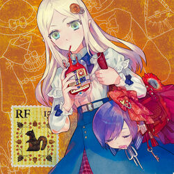  1boy amputee androgynous bag blonde_hair blood blood_type blue_bow bow closed_eyes drinking drinking_blood drinking_straw female flower frilled_shirt frills green_eyes hair_flower hair_ornament handbag long_hair missing_limb nail_polish nishihara_isao original pointy_ears purple_eyes purple_hair purple_nails quadruple_amputee red_bow saliva shirt short_hair sleeping vampire 