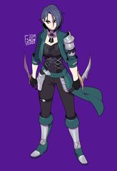  armor asymmetrical_hair black_gloves black_hair blue_hair boots breasts choker cleavage commentary_request female fire_emblem fire_emblem:_three_houses fsnowzombie gloves green_footwear knee_boots looking_at_viewer purple_eyes purple_hair shamir_nevrand short_hair shoulder_armor simple_background solo sword upper_body weapon 