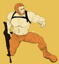  1boy abs artist_name assault_rifle bara beard biceps boots bulge chest_harness denim facial_hair fate/zero fate_(series) gun harness iskandar_(fate) jeans large_pectorals looking_to_the_side male_focus mature_male muscular muscular_male pants pectorals red_hair rifle scar signature simple_background smirk solo t_r_t26 thick_arms thick_eyebrows thick_thighs thighs weapon yellow_background 