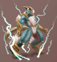 4_fingers anthro barefoot biped biri capcom chest_tuft claws electricity fanged_wyvern featureless_crotch feet fingers fur looking_aside male monster_hunter muscular muscular_anthro muscular_male riot41 scales simple_background solo standing tail tan_body tan_scales teal_body teal_eyes teal_scales tuft white_body white_fur white_scales zinogre