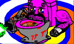 animate_inanimate bfg bfg9000 digital_media_(artwork) digital_painting_(artwork) eyebrows facial_hair flockdraw grandfathered_content gun male moustache not_furry ranged_weapon solo toilet unknown_artist weapon what