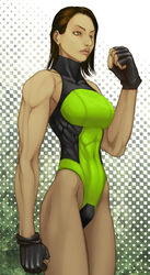 big_breasts black_clothing black_leotard breasts clothing female gloves grandfathered_content green_clothing green_leotard handwear human human_only leotard mammal multicolored_clothing multicolored_leotard muscular muscular_female not_furry solo sunamori superhero two_tone_clothing two_tone_leotard