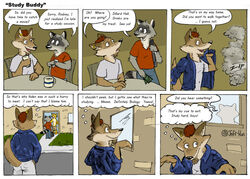 aiden_harris anthro canid canine canis cheetah closet_coon comic coyote dialogue digital_media_(artwork) duma_matambo english_text felid feline group infatuation leafdog looking_at_another male mammal peeping procyonid raccoon rodney_waters stalking tail text