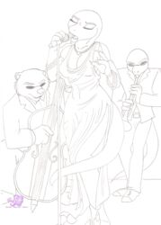 anthro band bear brass_instrument clothed clothing devona_rhea dinosaur dromaeosaurid extinct female graphite_(artwork) greyscale group janner3d jazz lizard male mammal monochrome musical_instrument pencil_(artwork) prehistoric_species reptile scalie simple_background singing tail theropod traditional_media_(artwork) trumpet velociraptor white_background wind_instrument