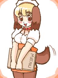 3:4 5_fingers aliasing anthro biped blonde_hair brown_body brown_eyes brown_fur canid canine canis cel_shading clothed clothing collar digital_media_(artwork) domestic_dog dress extended_arms female fingers front_view fully_clothed fur hair holding_menu holding_object humanoid_hands kin-shun legs_together long_ears looking_at_viewer low_res mammal menu open_:3 open_mouth open_smile service_menu shaded short_hair short_snout simple_background smile snout solo standing tail tan_body tan_fur white_background white_body white_fur