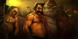 abs alien anthro black_eye_(injury) blood bodily_fluids body_hair bruised canid canine chest_hair chest_tattoo clothed clothing crossover donkey_kong_(character) donkey_kong_(series) elf facial_hair fight_club fox fox_mccloud group human humanoid humor kirby kirby_(series) kong link male mammal mario mario_bros metroid moustache muscular muscular_male nintendo parody pecs primate princess_zelda robotpencil samus_aran star_fox super_smash_bros. tattoo the_legend_of_zelda topless triforce triforce_tattoo