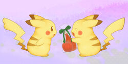 2:1 5_fingers apple back_markings brown_eyes closed_eyes dipstick_ears duo ear_markings female feral fingers food fruit fur generation_1_pokemon gift holding_object ketchup looking_at_another male mammal markings multicolored_ears nintendo offering_food offering_gift offering_to_another open_mouth open_smile pikachu plant pokemon pokemon_(species) red_cheeks rodent side_view smile tail tsu_ji yellow_body yellow_fur