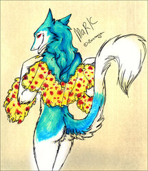 amber_eyes anthro ass biped blue_body blue_fur blue_hair claws enaya-thewhitewolfen fur hair looking_back male mammal markus_(dowantanaccount) nude raised_tail rear_view ring scarf sergal smile solo standing tail tail_tuft tuft white_body white_fur