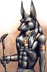 2004 5_fingers abs anthro anubian_jackal anubis areola armlet athletic athletic_anthro athletic_male black_body black_fur black_hair bracelet canid canine canis clothing deity egyptian egyptian_clothing egyptian_mythology fingers fur gold_(metal) gold_jewelry hair half-length_portrait holding_object jackal jewelry karabiner lean_muscle long_ears male mammal middle_eastern_mythology muscle_tone mythology navel necklace nipples orange_eyes pecs pink_areola pink_nipples portrait pose scepter shendyt solo usekh was_scepter