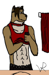 2010 anthro bathroom bottomwear canid canine canis cellphone clothed clothing collar denim denim_bottomwear denim_clothing electronics hunter_fang_(vrart1) jeans male mammal muscular muscular_anthro muscular_male pants phone shirt sink solo tank_top topwear towel towel_rack vrart1 wolf