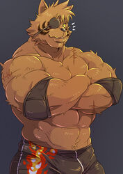 abs anthro biceps big_muscles bulge clothed clothing crossed_arms dandoo dard drakuun eye_patch eyewear felid fur looking_at_viewer male mammal markings muscular muscular_anthro muscular_male pantherine pecs scar solo stripes tiger topless wrestler