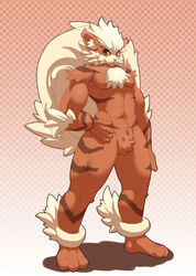 3_toes 4_fingers abstract_background anthro arcanine barefoot biped biri brown_body brown_fur canid canine chest_tuft feet fingers fur generation_1_pokemon hand_on_hip looking_at_viewer male mammal muscular muscular_anthro muscular_male nintendo nude orange_body orange_fur pokemon pokemon_(species) pokemorph pubes raised_tail red_eyes riot41 solo standing stripes tail toes tuft