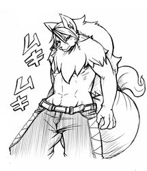 4_fingers anthro belt biped black_and_white bottomwear canid canine canis clothed clothing domestic_dog fingers fur hair legendz long_hair looking_at_viewer male mammal monochrome pants risuou simple_background sketch solo standing topless white_background wolfy_the_werewolf