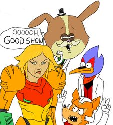 alternate_species anthro avian beak bird blue_body blue_feathers canid canine cartoon_network crossover english_text falco_lombardi falcon falconid feathers female fox fox_mccloud fredryk_phox fusion group hare human lagomorph leporid male mammal metroid mordecai_(regular_show) nintendo paintchat parody peppy_hare pops_maellard regular_show rigby_(regular_show) samus_aran simple_background star_fox style_emulation susan_(regular_show) text white_background