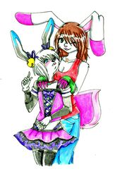 anthro blush clothed clothing corset crossdressing duo female femboy fur heterochromia itaksuke karu lagomorph larger_female leporid lingerie male mammal maverick_skye pink_body pink_clothing pink_fur rabbit simple_background size_difference sketch smaller_male standing topwear white_background