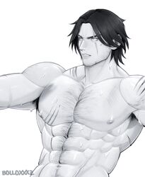  abs armpit_hair bare_chest black_and_white body_hair bolloxxxz castlevania castlevania_(netflix) facial_hair hairy_chest male male_only monochrome muscles muscular muscular_male nipples scar_across_eye scars shirtless_male sweat sweaty trevor_belmont uncolored 