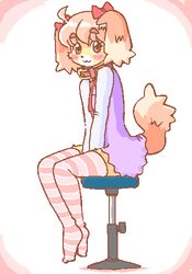 :3 anthro biped blush brown_eyes canid canine canis clothed clothing collar digital_media_(artwork) domestic_dog dress female furniture itou_sora kin-shun legwear low_res mammal pattern_clothing pattern_legwear simple_background sitting solo stool striped_clothing striped_legwear stripes tail white_background