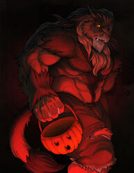 2010 abs anthro basket biceps big_muscles biped bottomwear bucket chest_tuft clothed clothing collaboration container fangs felid food fruit fur halloween holidays huge_muscles knuxlight lion male mammal muscular muscular_anthro muscular_male pantherine pants pecs pink_nose plant pose pumpkin shorts solo standing tail teeth topless torn_clothing tuft wfa yellow_eyes