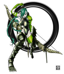 armor arrow_(weapon) bow_(weapon) breasts clothed clothing exalted female green_hair hair holding_object holding_weapon human mammal ranged_weapon solo sunamori weapon