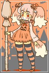 2:3 anthro blush broom canid canine canis cleaning_tool clothing collar costume digital_media_(artwork) domestic_dog dress female halloween holidays itou_sora kin-shun legwear low_res mammal pattern_clothing pattern_legwear red_eyes solo striped_clothing striped_legwear stripes tail