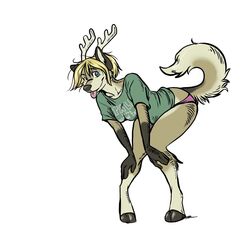 1:1 anthro antlers bent_over blonde_hair blue_eyes canid canine canis clothing deer english_text female floebean hair hi_res hooves horn hybrid kaia_(truekaia) mammal panties shirt simple_background solo tail text tongue topwear underwear white_background wolf