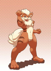 3_toes 4_fingers anthro barefoot biped biri black_body black_fur brown_eyes canid canine feet fingers fist fur generation_1_pokemon growlithe inner_ear_fluff looking_at_viewer male mammal muscular muscular_anthro muscular_male nintendo nude open_mouth orange_body orange_fur pokemon pokemon_(species) pokemorph pubes red_eyes riot41 solo tail tan_body tan_fur toes tuft