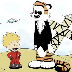 3_toes anthro barefoot bill_watterson black_body black_fur bottomless calvin_(calvin_and_hobbes) calvin_and_hobbes clothed clothing coat cosplay countershading cross day duo eyewear feet felid fully_clothed fur hands_on_hips hobbes human low_res male mammal open_mouth open_smile orange_body orange_fur outside pantherine parody sand simple_background size_difference sky smile spiffybug standing stripes sunglasses tail tiger toes toony topwear trigun white_background white_body white_fur