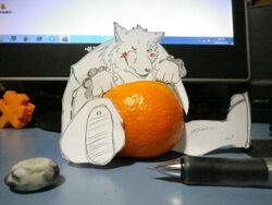 4:3 4_fingers anthro biped black_nose blush bracelet canid canine cheek_tuft claws closed_eyes clothed clothing eyebrows facial_tuft fingers food footwear fox fruit fur gingitsune gintaro grandfathered_content jewelry kumainu19 male mammal mixed_media orange_(fruit) paper_child papercraft papercutting_(artwork) plant real sandals scar sitting solo traditional_media_(artwork) tuft