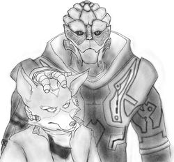 alien anthro bioware canid canine duo electronic_arts fox fox_mccloud fredryk_phox garrus_vakarian male mammal mass_effect monochrome nintendo paintchat simple_background star_fox turian white_background