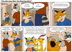 aiden_harris anthro canid canine closet_coon clothing colin_young comic costume dialogue duo_focus english_text fox group key leafdog male mammal naruto petting procyonid raccoon red_fox tail text true_fox