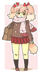 9:16 anthro bag biped blush bottomwear brown_eyes canid canine canis clothed clothing digital_media_(artwork) domestic_dog female footwear itou_sora kin-shun legwear mammal scarf shoes skirt socks solo tail