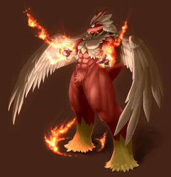 anthro anthrofied avian bird biri blaziken feathered_wings feathers fire generation_3_pokemon male nintendo pokemon pokemon_(species) pokemorph riot41 solo warm_colors wings