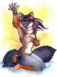 anthro biped bracelet breasts canid canine clothed clothing covering covering_breasts covering_self female fox green_eyes grey_fox jewelry looking_at_viewer mammal navel panties raised_arm shiverz sitting solo tail topless underwear urocyon