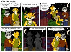 aiden_harris anthro bottomwear cheetah closet_coon clothing comic dialogue duma_matambo duo embrace english_text felid feline hug jumping leafdog male mammal procyonid raccoon shorts tail text